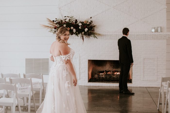 Bride Having First Look With Husband On Wedding Day Wearing Affordable Lace Wedding Dress Called Hattie Lane Lynette By Rebecca Ingram