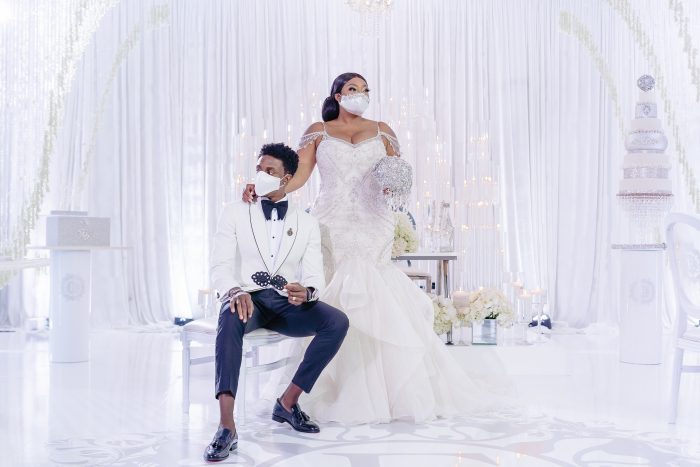 Groom with Bride Wearing Sparkly Plus Size Mermaid Wedding Dress Called Brinkley Lynette by Maggie Sottero