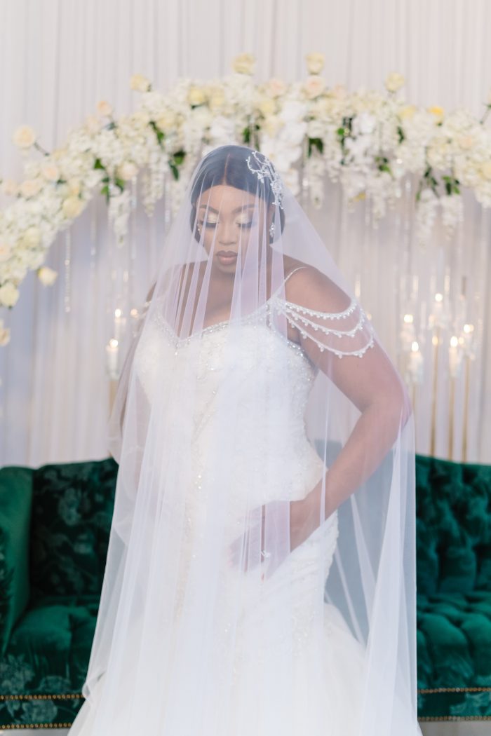 Curvy Bride Wearing Sparkly Mermaid Wedding Dress Called Brinkley Lynette by Maggie Sottero