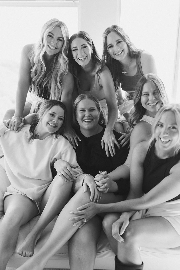 Bridesmaids getting ready with the bride