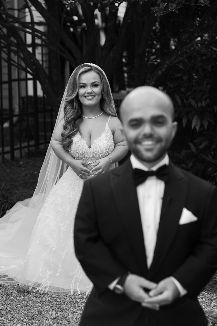 Sam and Lona, who is wearing one of Sottero and Midgley's A-line wedding dresses, Marvine