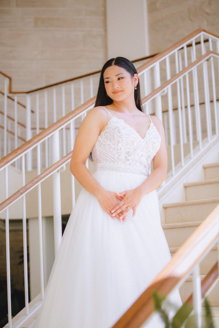 Kaye wearing Lorraine Lane Marie by Rebecca Ingram at her Hawaii nuptials