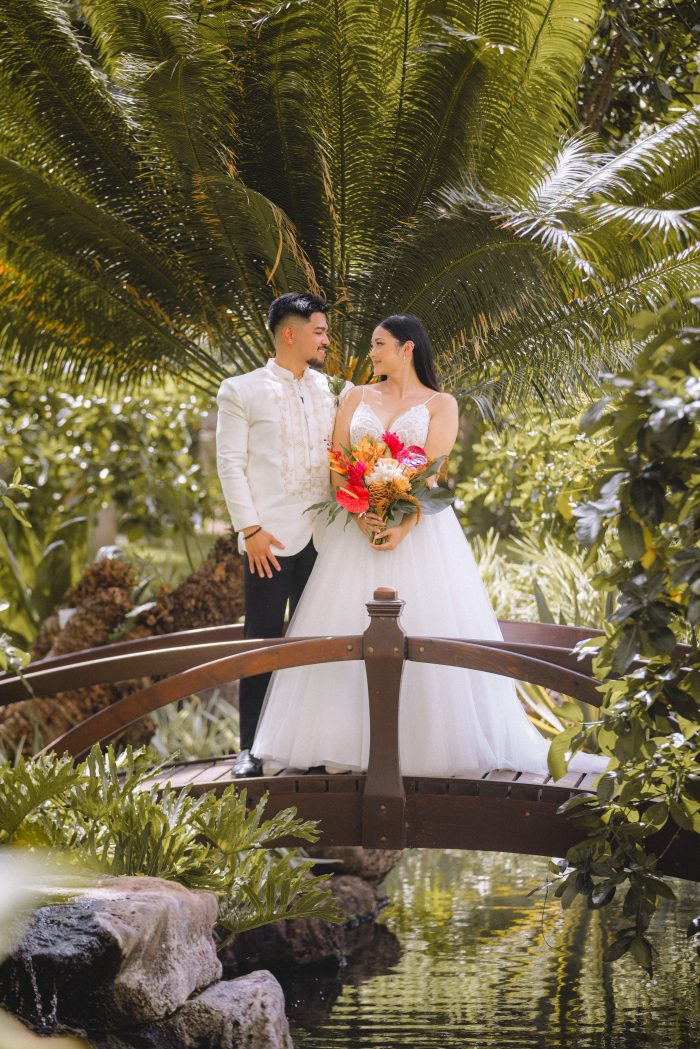 Kaye wearing Lorraine Lane Marie by Rebecca Ingram at her Hawaii nuptials