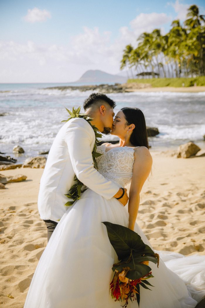 Kaye wearing Lorraine Lane Marie by Rebecca Ingram at her Hawaii nuptials