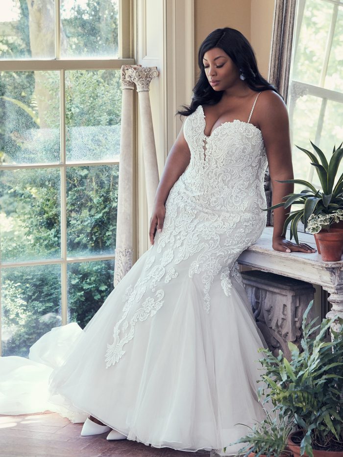Model Wearing Plus Size Mermaid Wedding Dress Called Alistaire Lynette by Maggie Sottero