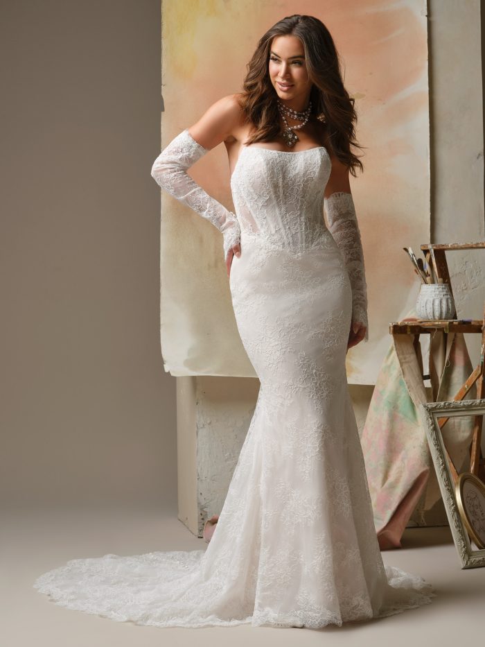 Ariadne by Maggie Sottero vintage-inspired fit-and-flare wedding dress featuring Chantilly lace, a structured bodice, and a softly flared skirt