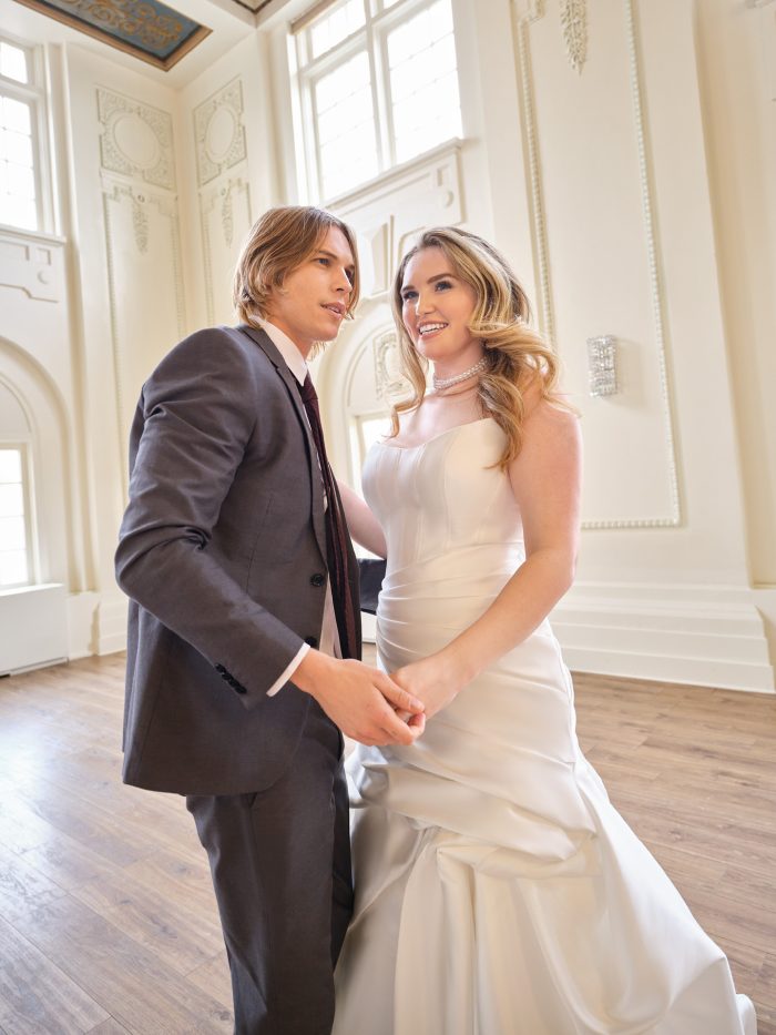 Bride wearing Ayan by Maggie Sottero vintage wedding dress