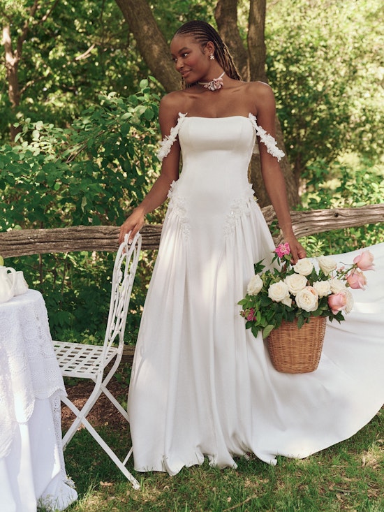 Bride wearing drop waist wedding dress Morwenna by Maggie Sottero