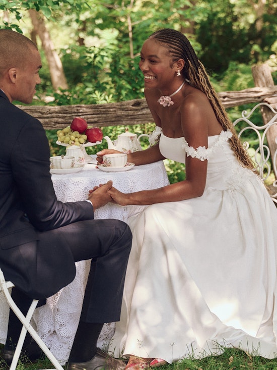 Bride wearing drop waist wedding dress Morwenna by Maggie Sottero