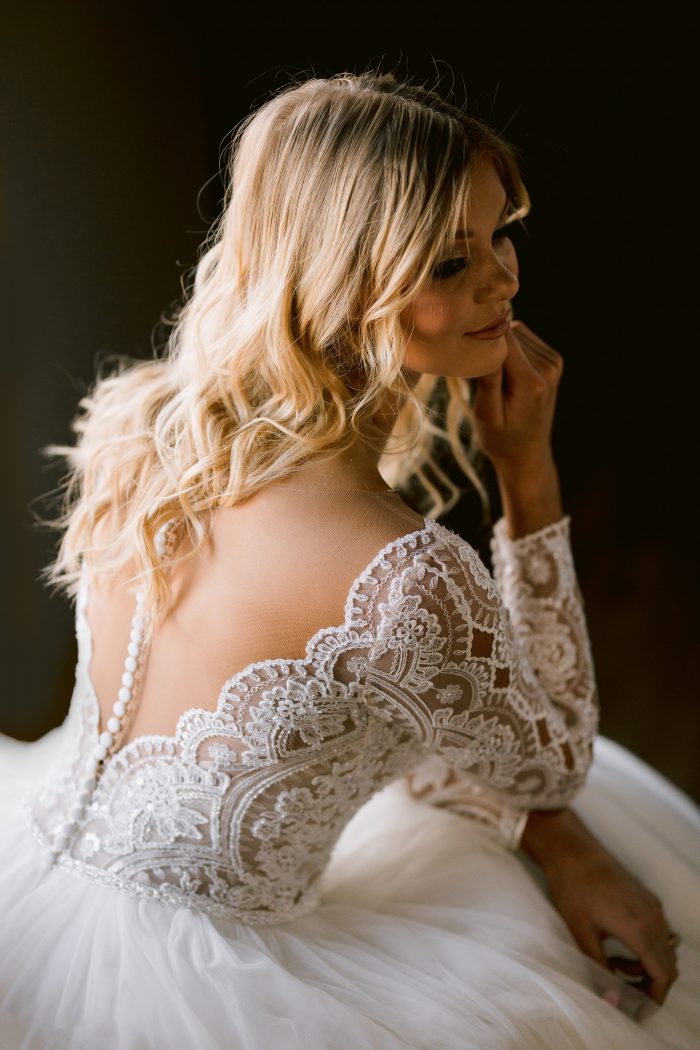Real Bride Wearing Long Sleeve Lace Scallop Wedding Gown Called Mallory Dawn by Maggie Sottero