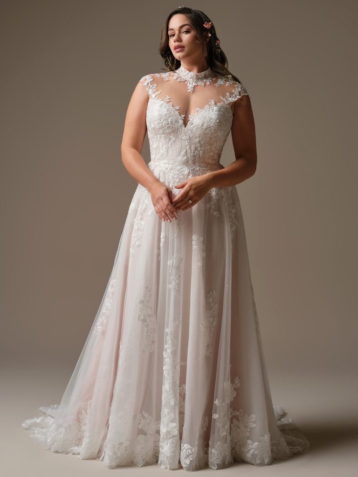 Rebecca Ingram Cody A-line wedding dress with illusion lace bodice, high neckline, and soft tulle skirt