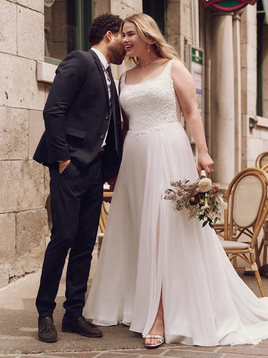 Bride wearing drop waist wedding dress Cory by Rebecca Ingram
