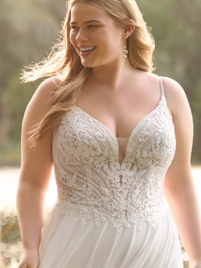 close-up of finley by rebecca ingram beaded sweetheart neckline bodice