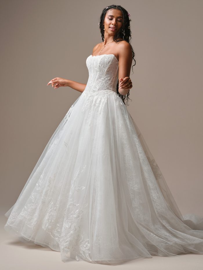 Rebecca Ingram Lisa strapless lace ballgown wedding dress with floral embroidered tulle skirt