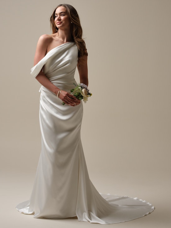 Bride wearing a sexy asymmetrical pleated cowl sheath wedding gown