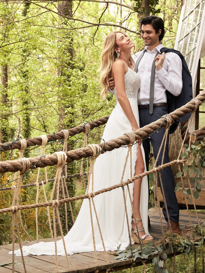 Groom with Bride Wearing A-line Chiffon Beach Wedding Dress Called Nicole by Rebecca Ingram
