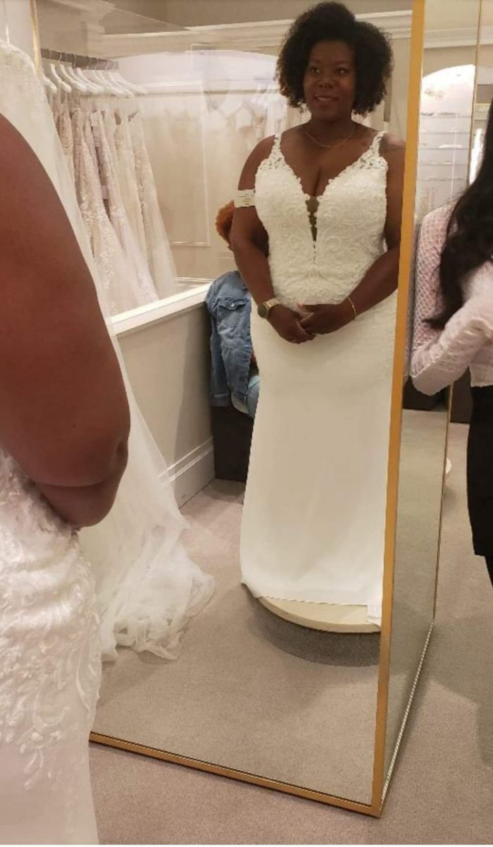 Bride In Kleinfelds Trying On Lace Wedding Dress Called Tuscany Royale By Maggie Sottero