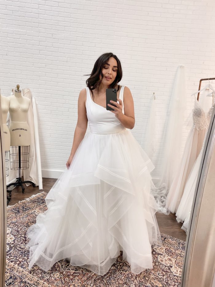 Bride Wearing Plus-Size Ball Gown Wedding Dress by Rebecca Ingram at Bridal Appointment