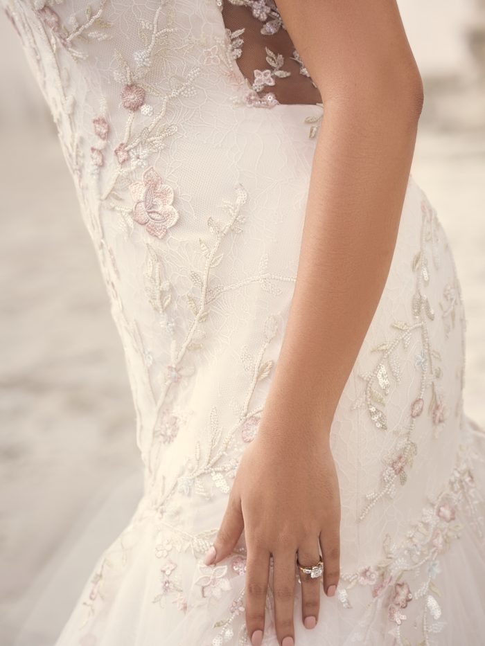 Bride Wearing Plus Size Mermaid Wedding Dress Called Kenleigh by Sottero and Midgley