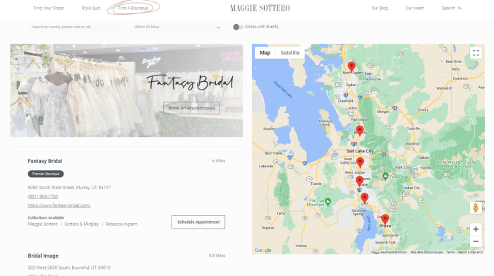 Screenshot of the Maggie Sottero website showing off the find a boutique button