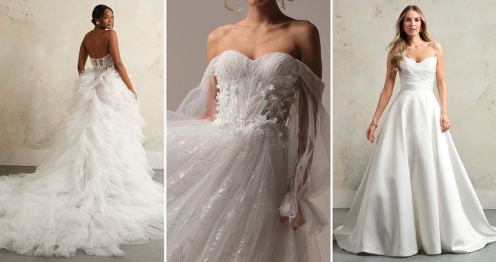 Collage of three detachable wedding dress looks: a strapless ballgown with tiered tulle train, a shimmer tulle gown with detachable off-the-shoulder sleeves, and a sleek satin A-line wedding dress with a modern neckline.