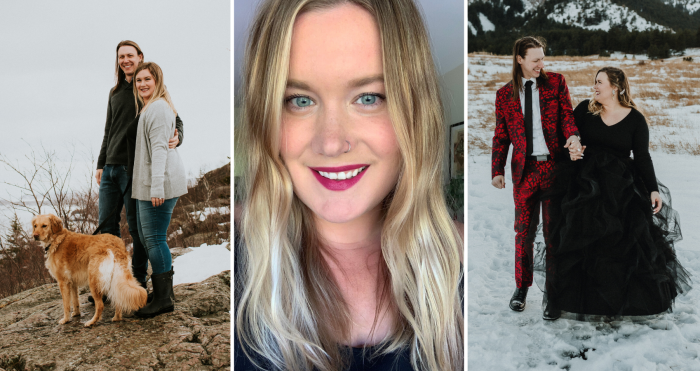 Real Bride Named Emery With Fiance And Dog Discussing How To Stay Body Positive While Wedding Dress Shopping