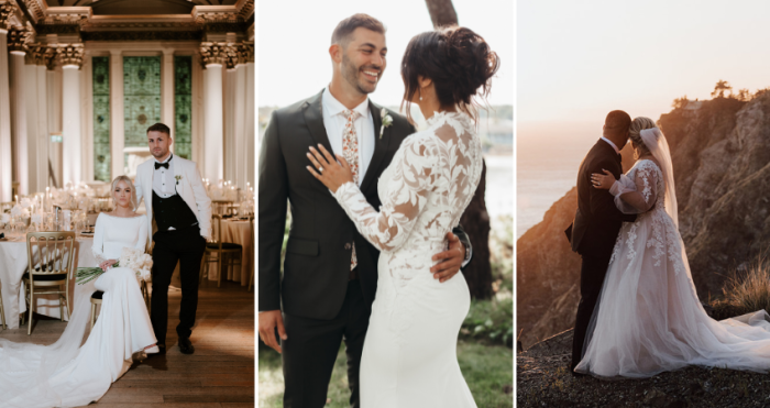 Brides wearing different styles of long sleeve wedding gowns