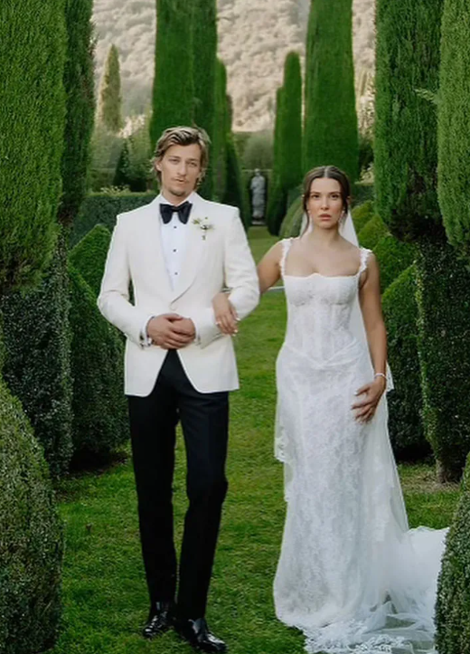 Millie Bobby Brown wearing her celebrity wedding dress