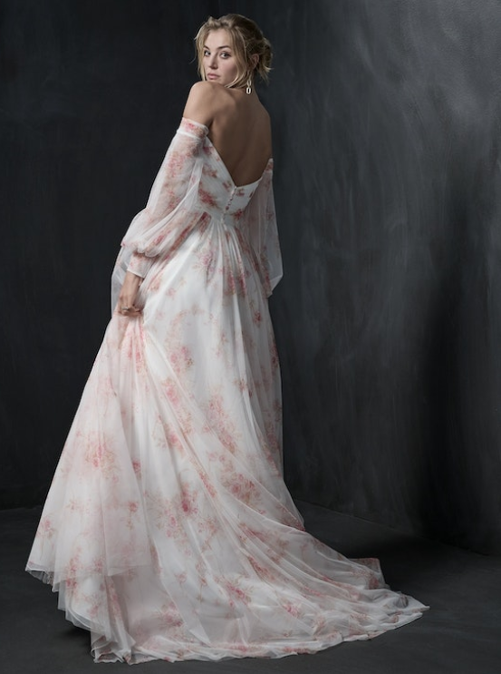 Bride wearing colorful wedding dress Nerida by Sottero and Midgley