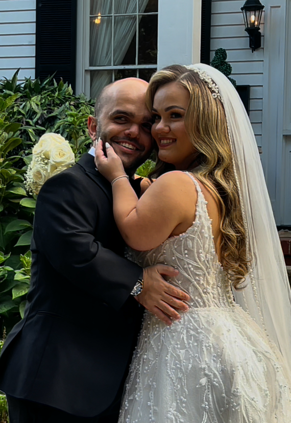 Sam and Lona, who is wearing one of Sottero and Midgley's A-line wedding dresses, Marvine